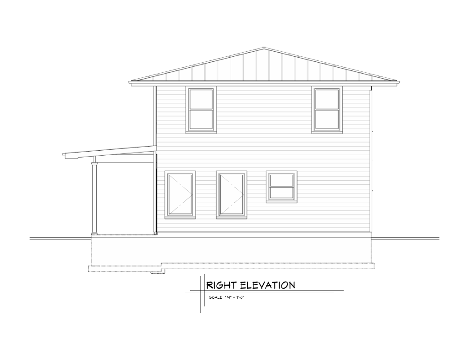 Right elevation of the two-story rebuild plan showing the hip roof and covered porch.