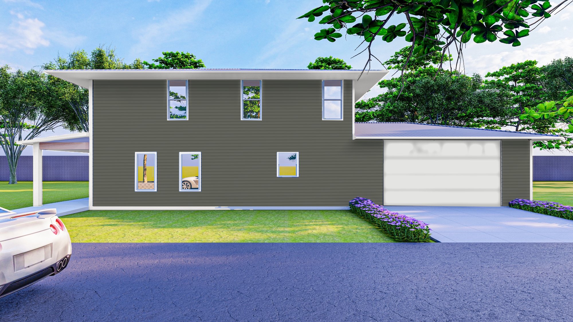 Side elevation showing new siding and a two-car garage.