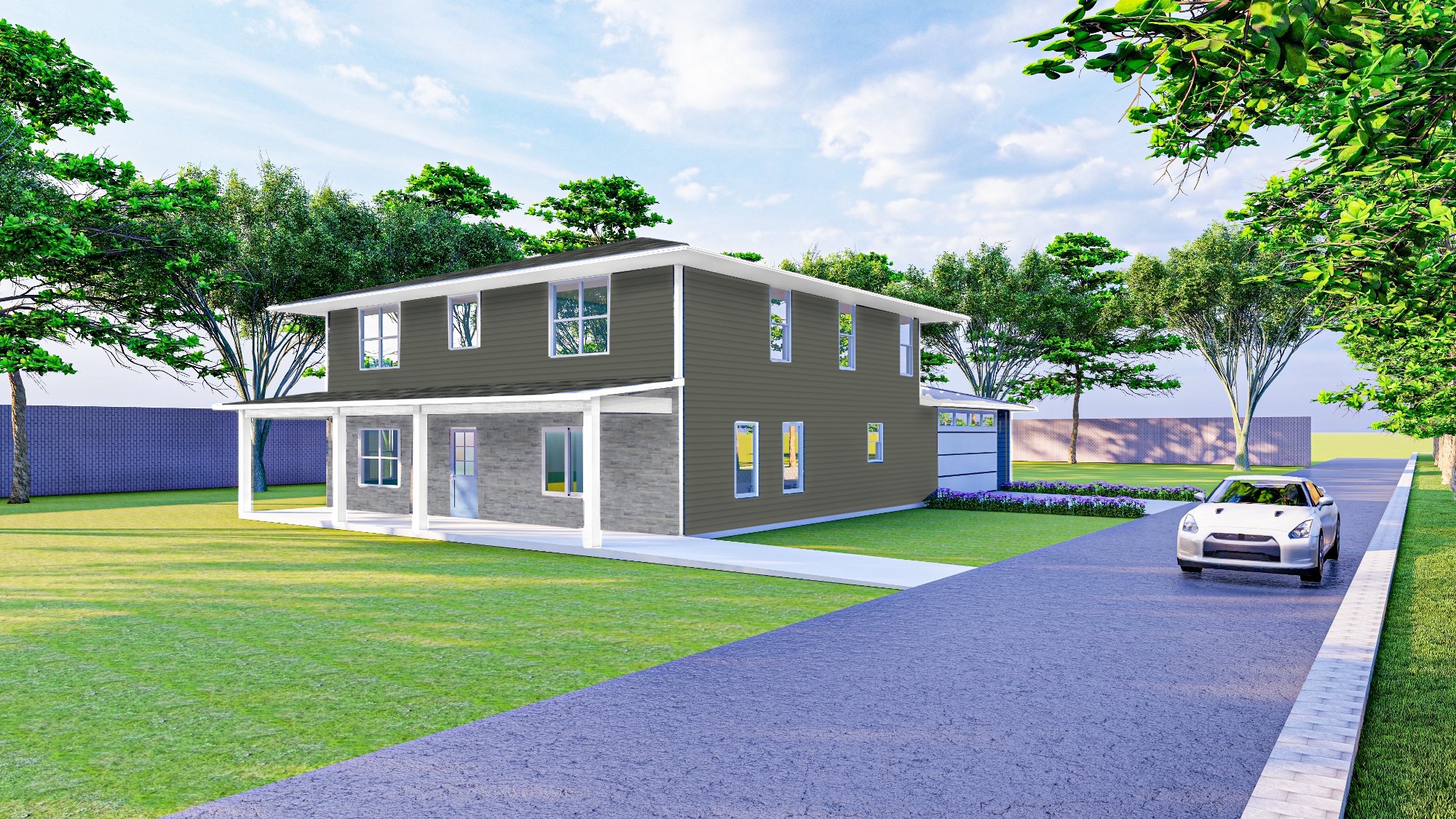 Home with gray siding and stone accents on a rebuilt foundation.